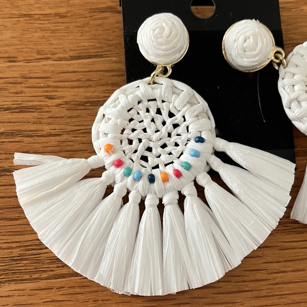 J. Crew White Multi Raffia Fan colorful Bead Drop Earrings - Picture 2 of 5